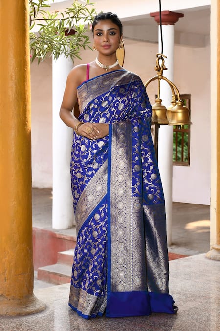 Naaritva India Blue Silk Zari Handwoven Banarasi Saree With Running Blouse 