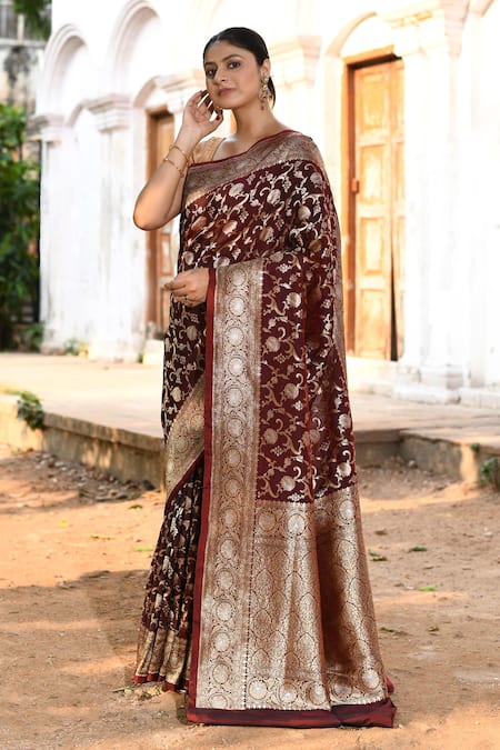 Shop_Naaritva India_Brown Silk Zari Handwoven Coffee Banarasi Saree With Running Blouse _Online_at_Aza_Fashions