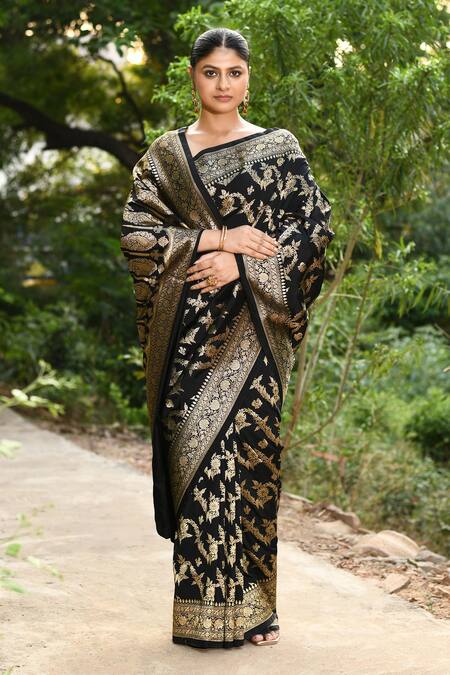 Naaritva India_Black Silk Zari Handwoven Banarasi Saree With Running Blouse _at_Aza_Fashions