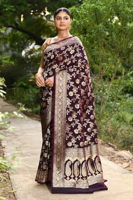 Naaritva India_Wine Silk Zari Handwoven Banarasi Saree With Running Blouse _Online_at_Aza_Fashions