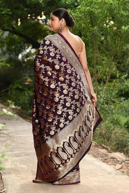 Naaritva India Wine Handwoven Zari Banarasi Saree With Running Blouse 