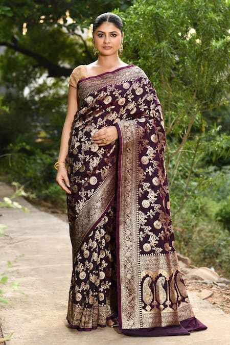 Naaritva India Wine Silk Zari Handwoven Banarasi Saree With Running Blouse 