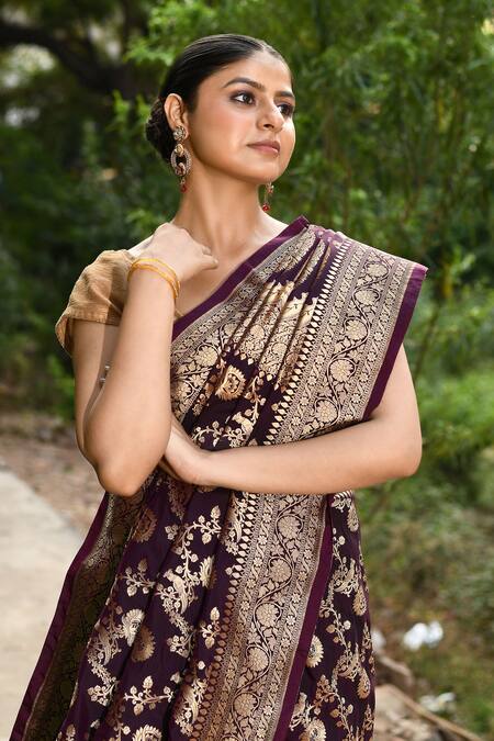 Buy_Naaritva India_Wine Silk Zari Handwoven Banarasi Saree With Running Blouse 