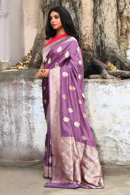 Buy_Naaritva India_Purple Zari Handwoven Banarasi Saree With Running Blouse _Online_at_Aza_Fashions