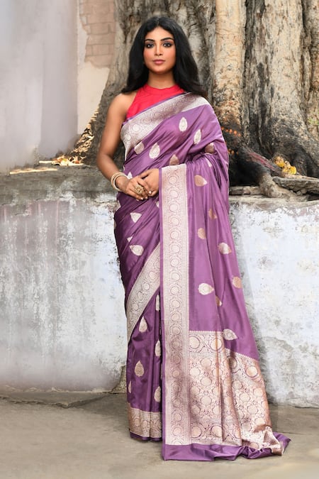 Naaritva India Purple Zari Handwoven Banarasi Saree With Running Blouse 