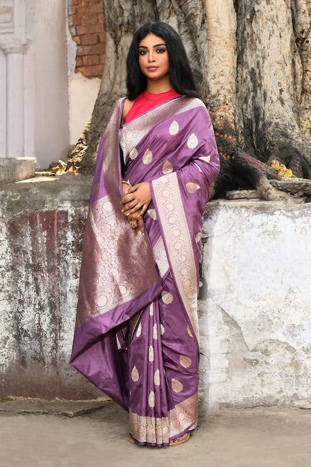 Naaritva India_Purple Zari Handwoven Banarasi Saree With Running Blouse _at_Aza_Fashions