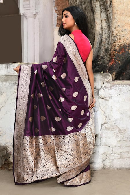 Naaritva India Purple Handwoven Zari Banarasi Saree With Running Blouse 