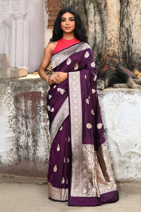 Naaritva India Purple Zari Handwoven Banarasi Saree With Running Blouse 