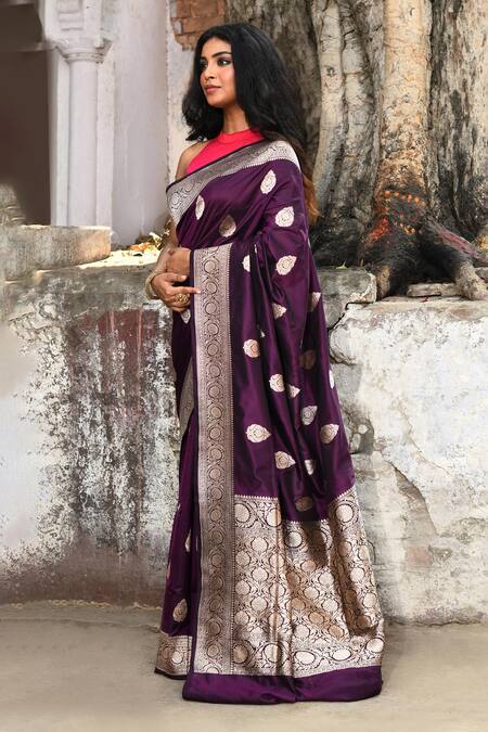 Shop_Naaritva India_Purple Zari Handwoven Banarasi Saree With Running Blouse _Online_at_Aza_Fashions