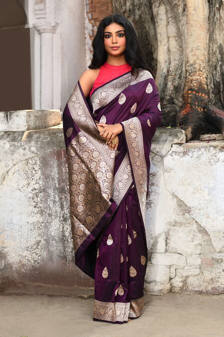 Naaritva India_Purple Zari Handwoven Banarasi Saree With Running Blouse _at_Aza_Fashions