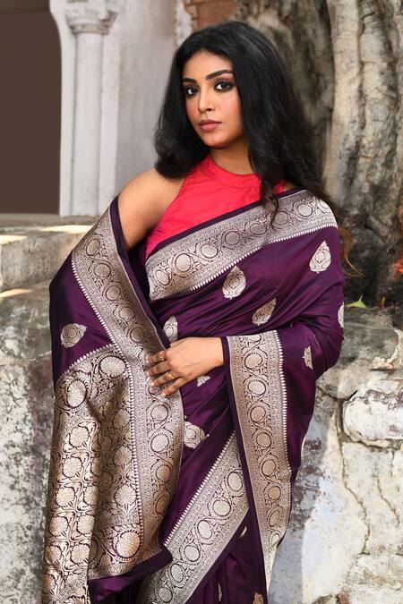 Buy_Naaritva India_Purple Zari Handwoven Banarasi Saree With Running Blouse 