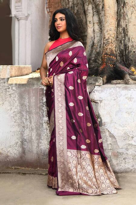 Naaritva India_Purple Zari Handwoven Work Banarasi Saree With Running Blouse _Online_at_Aza_Fashions