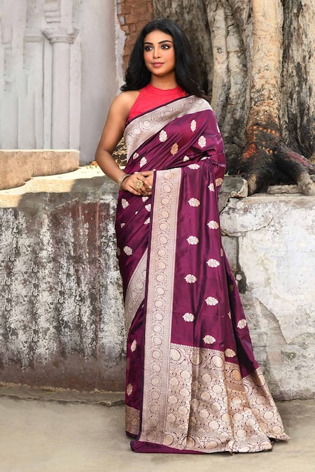 Naaritva India Purple Zari Handwoven Work Banarasi Saree With Running Blouse 