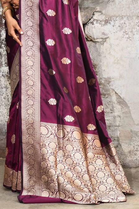 Shop_Naaritva India_Purple Zari Handwoven Work Banarasi Saree With Running Blouse _Online_at_Aza_Fashions