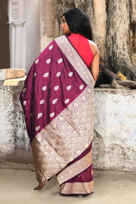 Naaritva India Handwoven Zari Work Purple Banarasi Saree With Running Blouse 