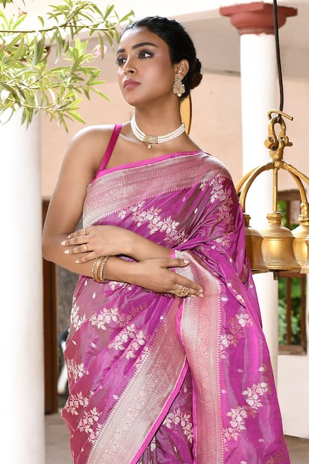 Shop_Naaritva India_Pink Zari Handwoven Work Banarasi Saree With Running Blouse _Online_at_Aza_Fashions