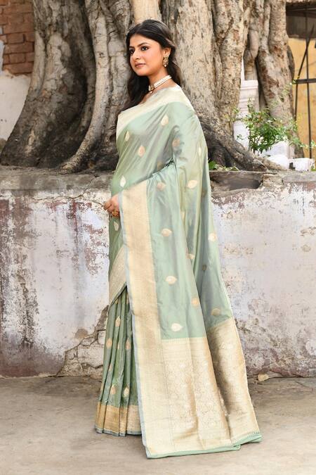 Buy_Naaritva India_Aqua Zari Handwoven Green Banarasi Saree With Running Blouse _Online_at_Aza_Fashions