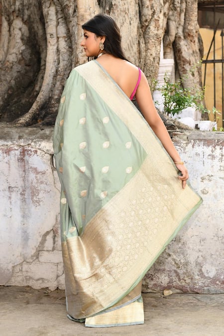 Naaritva India Handwoven Zari Aqua Green Banarasi Saree With Running Blouse 