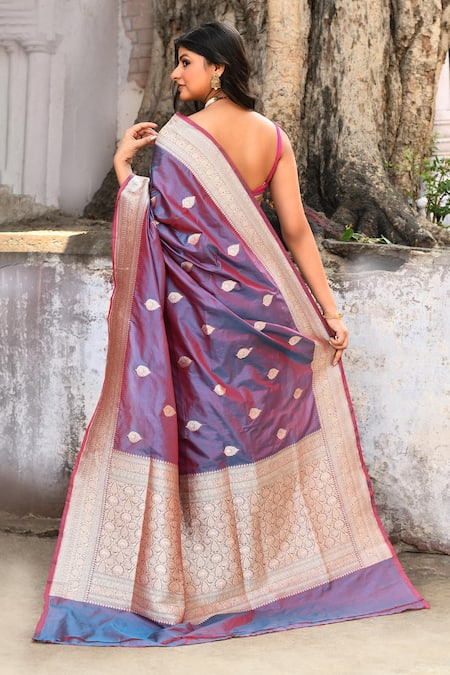 Naaritva India Handwoven Zari Work Purple Banarasi Saree With Running Blouse 