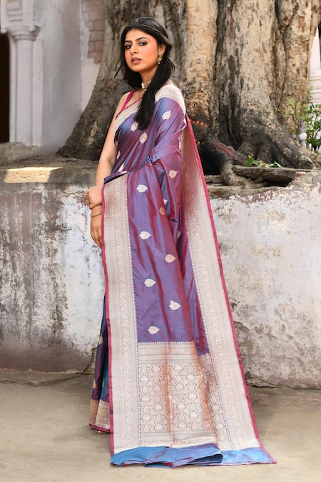 Naaritva India_Purple Zari Handwoven Work Banarasi Saree With Running Blouse _Online_at_Aza_Fashions