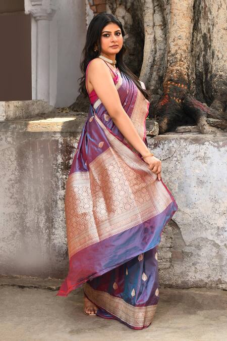 Naaritva India_Purple Zari Handwoven Work Banarasi Saree With Running Blouse _at_Aza_Fashions