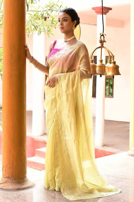 Naaritva India_Lime Tissue Zari Handwoven Banarasi Saree With Running Blouse _Online_at_Aza_Fashions