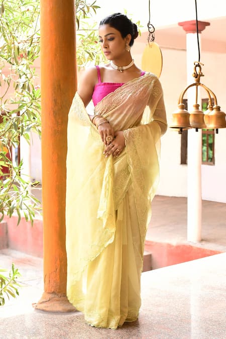 Buy_Naaritva India_Lime Tissue Zari Handwoven Banarasi Saree With Running Blouse _Online_at_Aza_Fashions