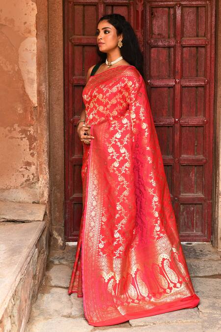 Shop_Naaritva India_Red Silk Zari Handwoven Banarasi Saree With Running Blouse _Online_at_Aza_Fashions