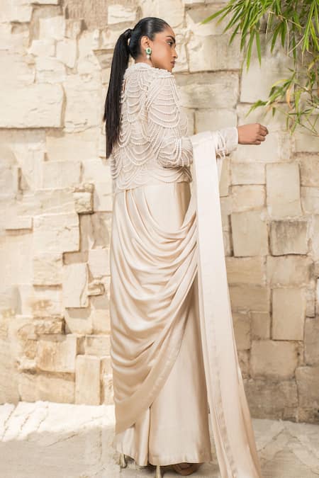 J By Jannat Mouse Beige Pre-Stitched Saree Set 