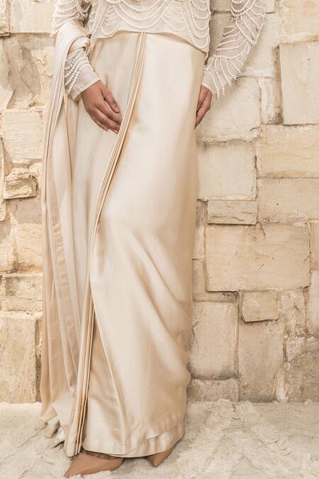 J By Jannat_Beige Satin, Shantoon Pearls High , Scoop Mouse Pre-stitched Saree Set _Online_at_Aza_Fashions