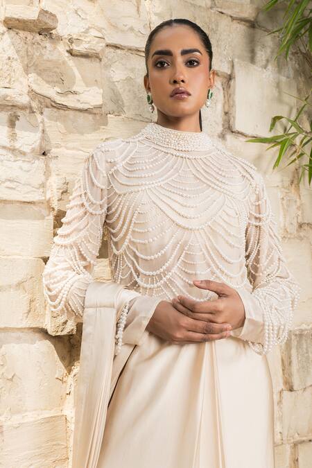 Shop_J By Jannat_Beige Satin, Shantoon Pearls High , Scoop Mouse Pre-stitched Saree Set _Online_at_Aza_Fashions
