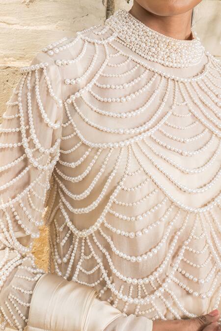 J By Jannat_Beige Satin, Shantoon Pearls High , Scoop Mouse Pre-stitched Saree Set _at_Aza_Fashions