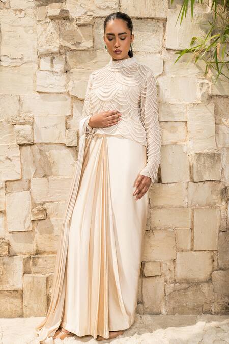 Shop_J By Jannat_Beige Satin, Shantoon Pearls High , Scoop Mouse Pre-stitched Saree Set 