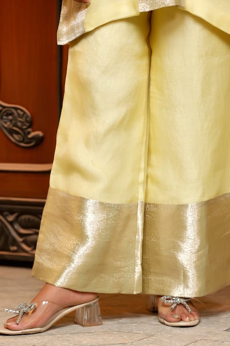 Shop Eeda Yellow Silk Organza, Shantoon V-neck Lemon Kurta Pant Set Online at Aza Fashions Shop_Eeda_Yellow Silk Organza, Shantoon V-neck Lemon Kurta Pant Set _Online_at_Aza_Fashions