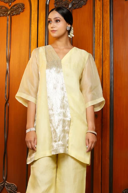 Eeda Yellow Silk Organza, Shantoon V-neck Lemon Kurta Pant Set at Aza Fashions Eeda_Yellow Silk Organza, Shantoon V-neck Lemon Kurta Pant Set _at_Aza_Fashions