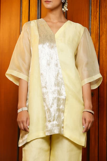 Buy Eeda Yellow Silk Organza, Shantoon V-neck Lemon Kurta Pant Set Buy_Eeda_Yellow Silk Organza, Shantoon V-neck Lemon Kurta Pant Set