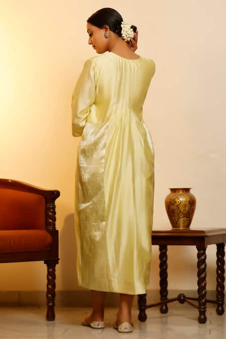Shop Eeda Yellow Chinon, Shantoon Round Neck Lemon Chiniya Silk Anarkali at Aza Fashions Shop_Eeda_Yellow Chinon, Shantoon Round Neck Lemon Chiniya Silk Anarkali _at_Aza_Fashions