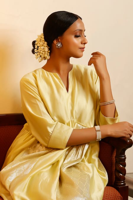 Shop Eeda Yellow Chinon, Shantoon Round Neck Lemon Chiniya Silk Anarkali Online at Aza Fashions Shop_Eeda_Yellow Chinon, Shantoon Round Neck Lemon Chiniya Silk Anarkali _Online_at_Aza_Fashions