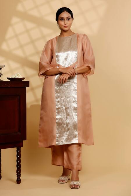Eeda Peach Silk Organza, Shantoon Round Neck Kurta And Pant Set at Aza Fashions Eeda_Peach Silk Organza, Shantoon Round Neck Kurta And Pant Set _at_Aza_Fashions