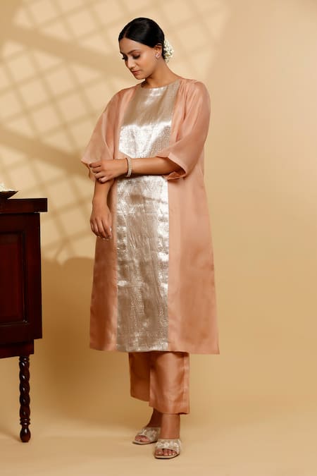 Shop Eeda Peach Silk Organza, Shantoon Round Neck Kurta And Pant Set at Aza Fashions Shop_Eeda_Peach Silk Organza, Shantoon Round Neck Kurta And Pant Set _at_Aza_Fashions