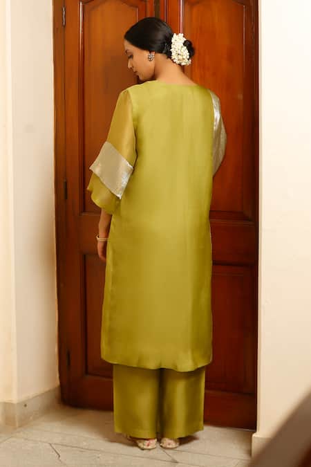 Shop Eeda Green Silk Organza, Shantoon V-neck Kurta And Pant Set at Aza Fashions Shop_Eeda_Green Silk Organza, Shantoon V-neck Kurta And Pant Set _at_Aza_Fashions