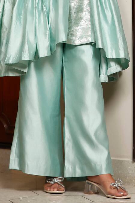 Eeda_Blue Silk Embroidery Round Neck Powder Chiniya Kurta Pant Set _Online_at_Aza_Fashions