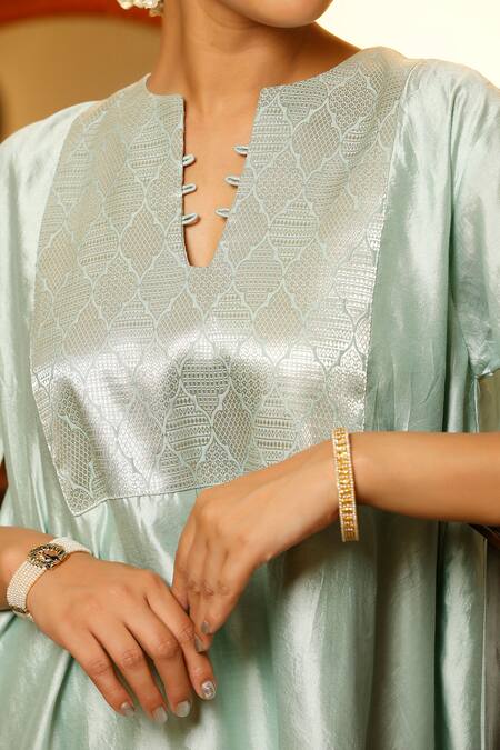 Buy Eeda Blue Silk Keyhole Neck Powder Chiniya Kurta Pant Set Buy_Eeda_Blue Silk Keyhole Neck Powder Chiniya Kurta Pant Set