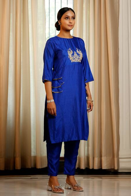 Buy Eeda Blue Silk, Shantoon Embroidery Round Neck Designer Chiniya Kurta Pant Set Online at Aza Fashions Buy_Eeda_Blue Silk, Shantoon Embroidery Round Neck Designer Chiniya Kurta Pant Set _Online_at_Aza_Fashions