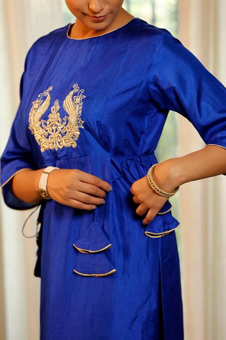 Shop Eeda Blue Silk, Shantoon Embroidery Round Neck Designer Chiniya Kurta Pant Set Online at Aza Fashions Shop_Eeda_Blue Silk, Shantoon Embroidery Round Neck Designer Chiniya Kurta Pant Set _Online_at_Aza_Fashions