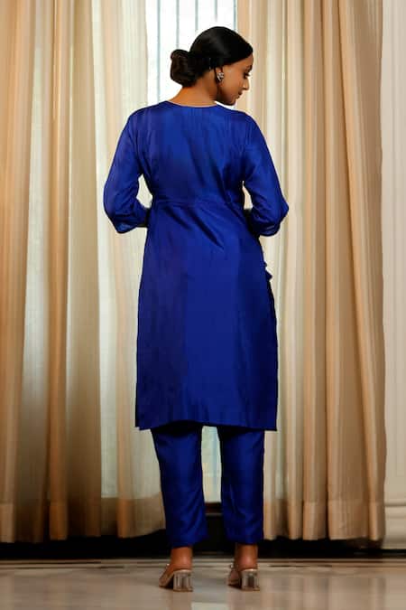 Shop Eeda Blue Silk, Shantoon Embroidery Round Neck Designer Chiniya Kurta Pant Set at Aza Fashions Shop_Eeda_Blue Silk, Shantoon Embroidery Round Neck Designer Chiniya Kurta Pant Set _at_Aza_Fashions