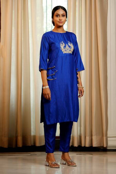 Eeda Blue Silk, Shantoon Embroidery Round Neck Designer Chiniya Kurta Pant Set at Aza Fashions Eeda_Blue Silk, Shantoon Embroidery Round Neck Designer Chiniya Kurta Pant Set _at_Aza_Fashions