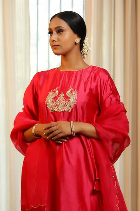 Shop Eeda Pink Silk, Shantoon Embroidery Round Neck Chiniya Kurta Pant Set Online at Aza Fashions Shop_Eeda_Pink Silk, Shantoon Embroidery Round Neck Chiniya Kurta Pant Set _Online_at_Aza_Fashions