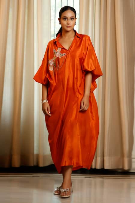 Eeda Rust Silk, Shantoon Embroidery Collared Orange Designer Dress Online at Aza Fashions Eeda_Rust Silk, Shantoon Embroidery Collared Orange Designer Dress _Online_at_Aza_Fashions