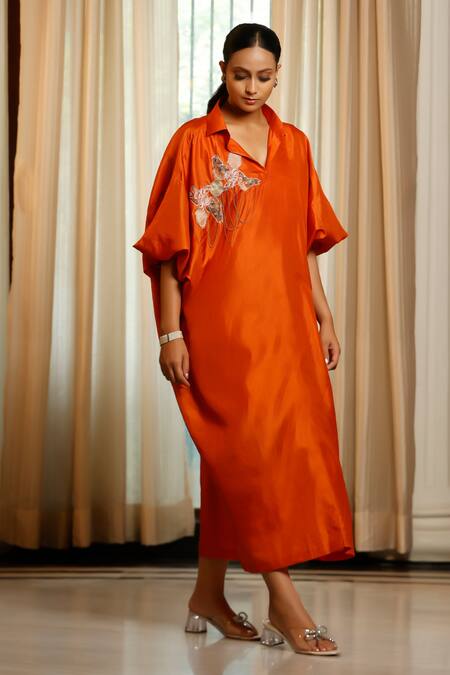 Shop Eeda Rust Silk, Shantoon Embroidery Collared Orange Designer Dress Online at Aza Fashions Shop_Eeda_Rust Silk, Shantoon Embroidery Collared Orange Designer Dress _Online_at_Aza_Fashions